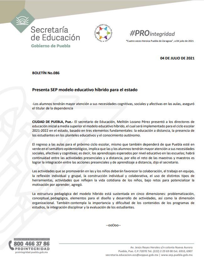 SEP presenta oficialmente modelo educativo híbrido para Puebla