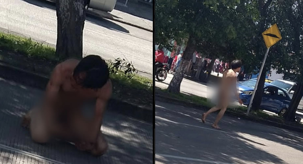 Hombre desnudo y drogado camina frente a la CAPU